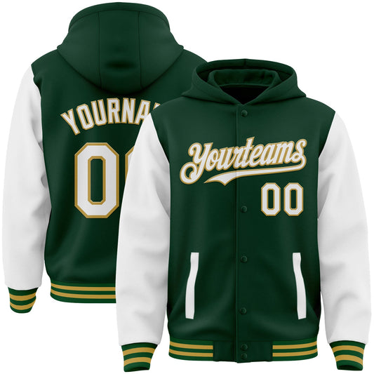 Custom Green White-Old Gold Bomber Full-Snap Varsity Letterman Two Tone Hoodie Jacket - Main View