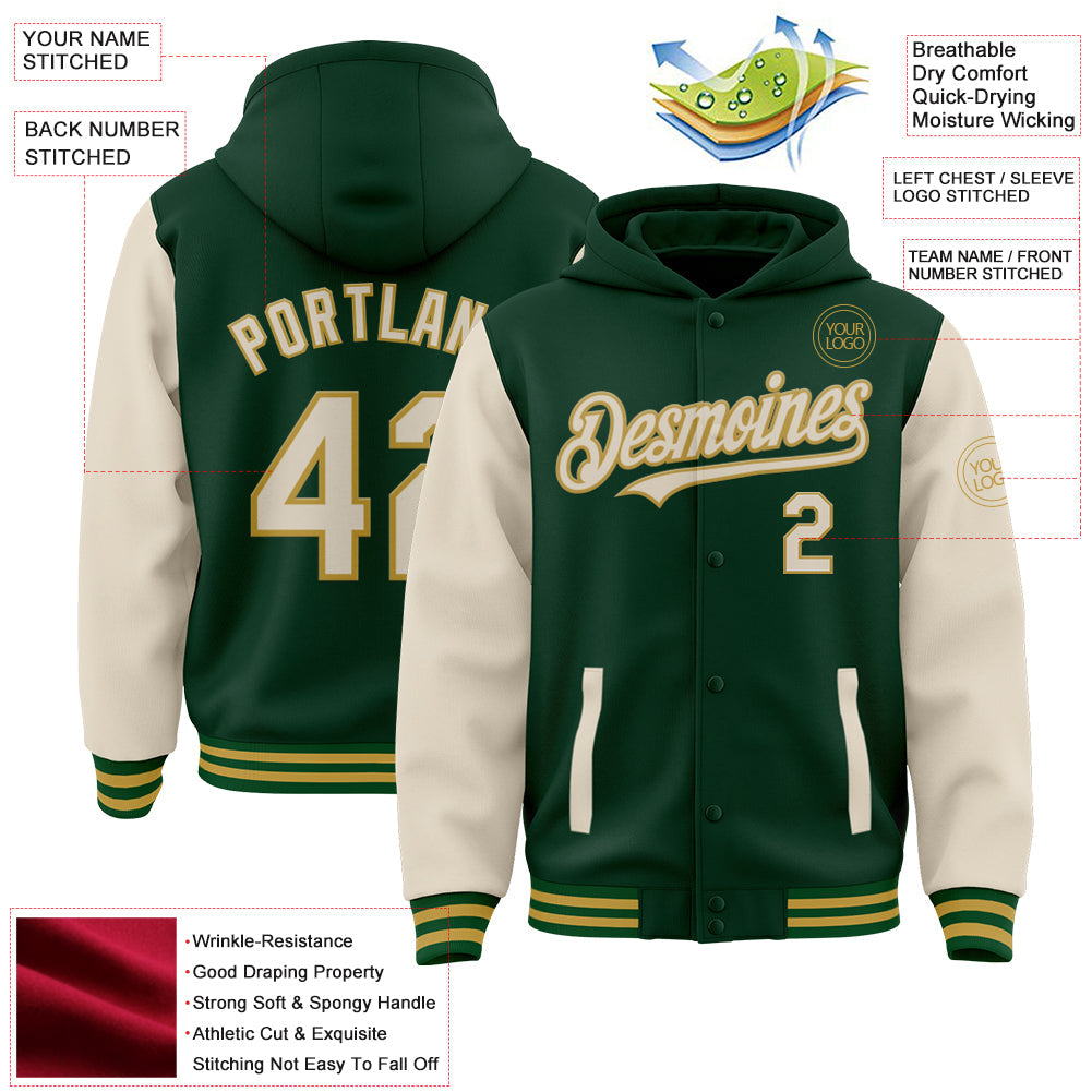 Custom Green Cream-Old Gold Bomber Full-Snap Varsity Letterman Two Tone Hoodie Jacket view 4