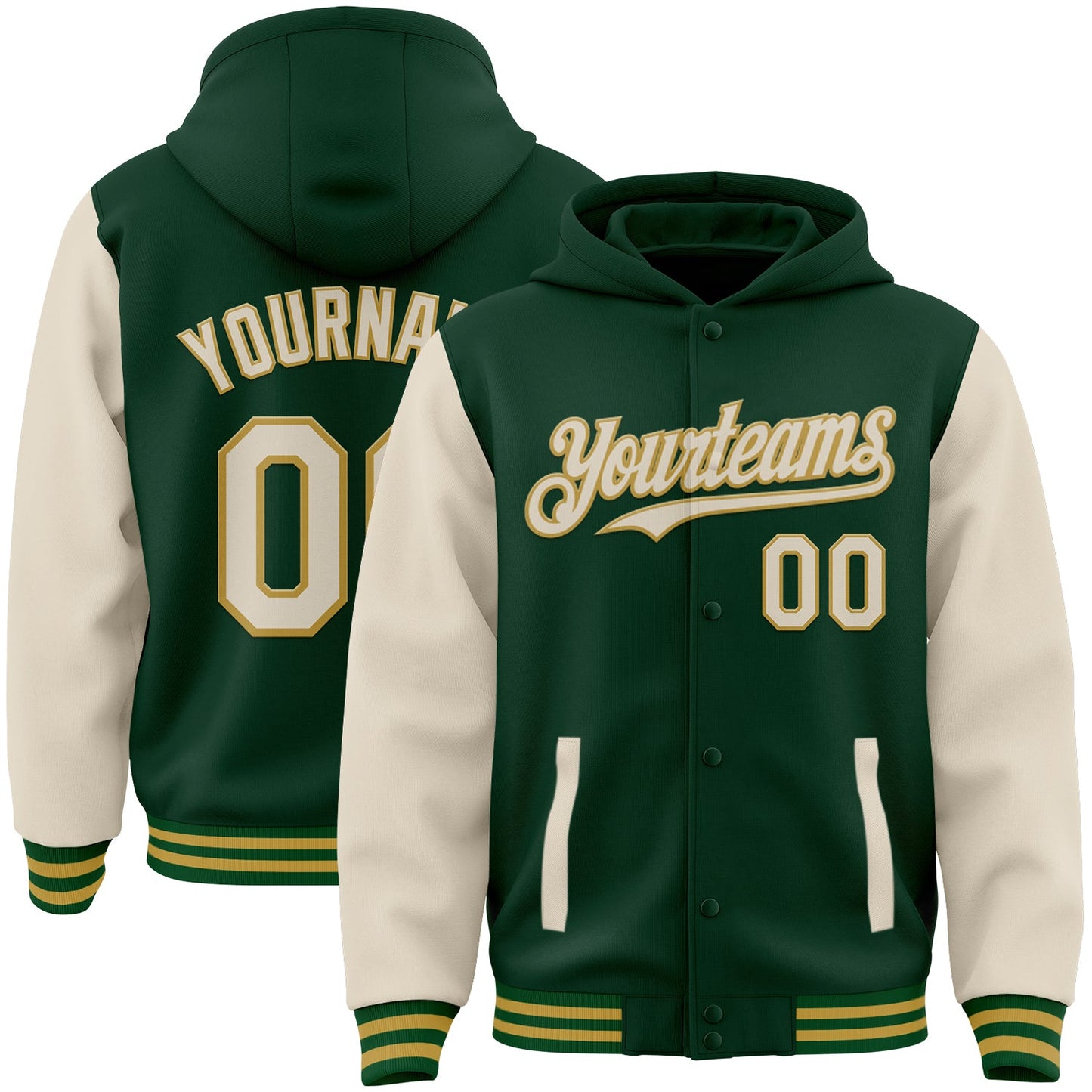 Custom Green Cream-Old Gold Bomber Full-Snap Varsity Letterman Two Tone Hoodie Jacket - Main View