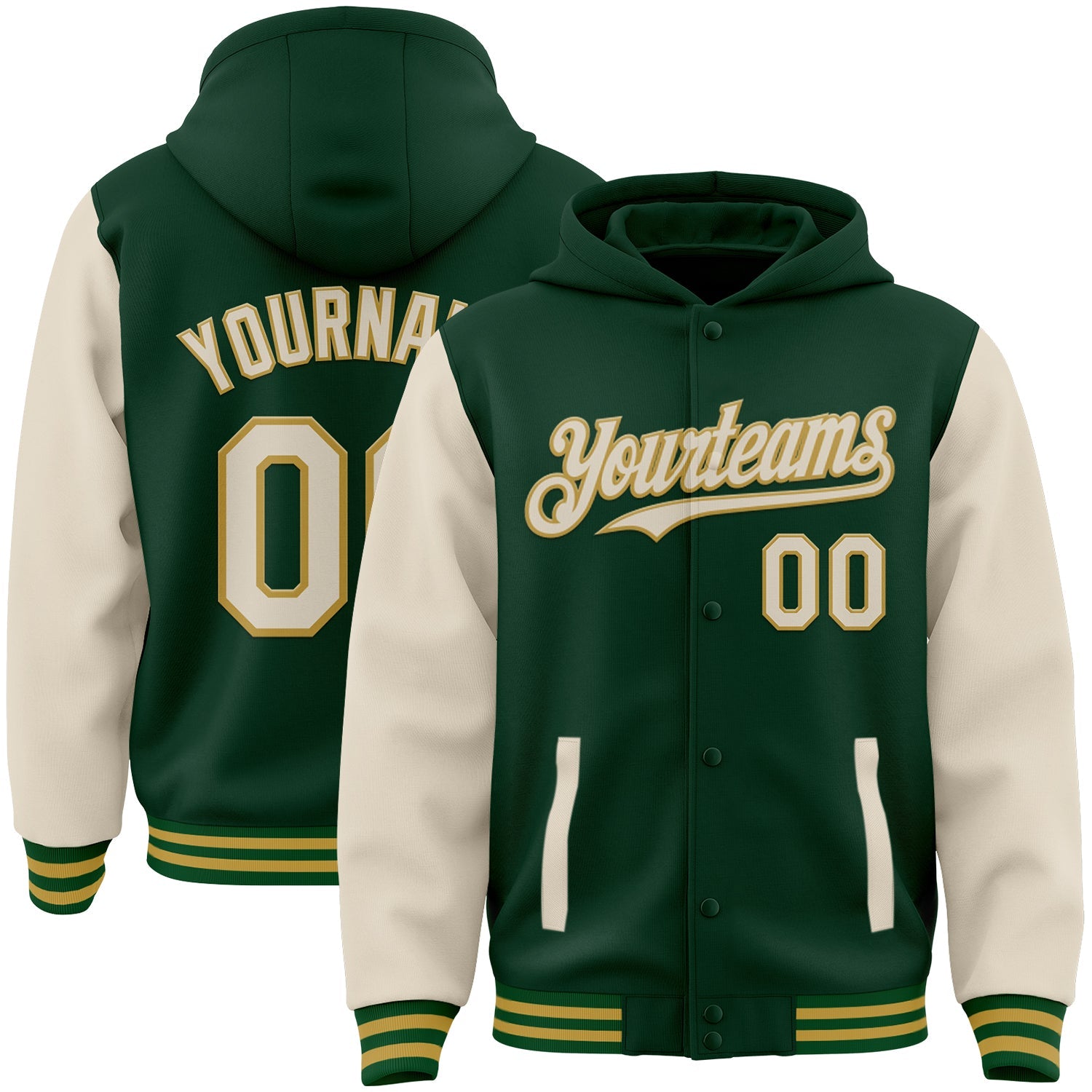 Custom Green Cream-Old Gold Bomber Full-Snap Varsity Letterman Two Tone Hoodie Jacket - Main View