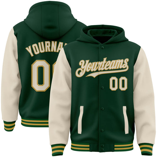 Custom Green Cream-Old Gold Bomber Full-Snap Varsity Letterman Two Tone Hoodie Jacket - Main View