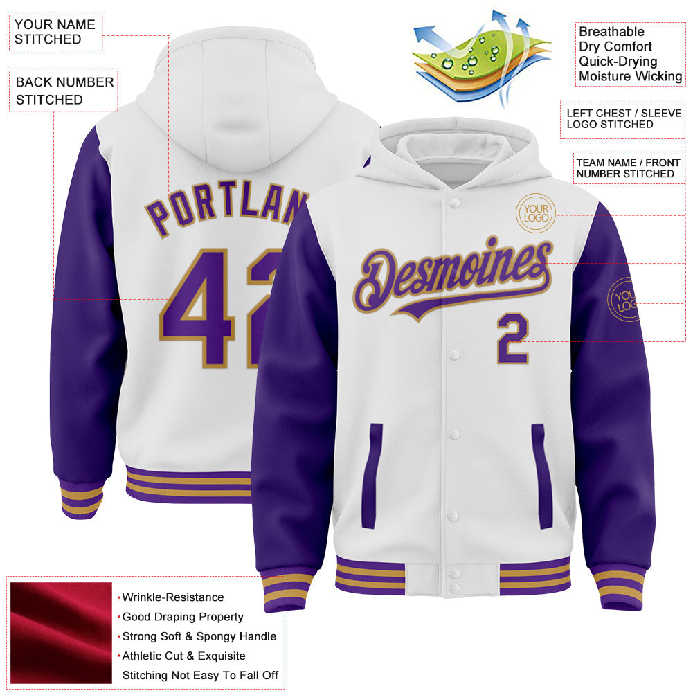 Custom White Purple-Old Gold Bomber Full-Snap Varsity Letterman Two Tone Hoodie Jacket view 4
