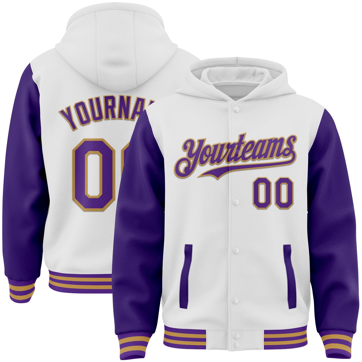 Custom White Purple-Old Gold Bomber Full-Snap Varsity Letterman Two Tone Hoodie Jacket - Main View