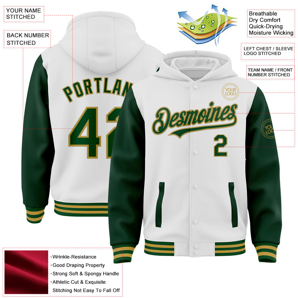 Custom White Green-Old Gold Bomber Full-Snap Varsity Letterman Two Tone Hoodie Jacket view 4