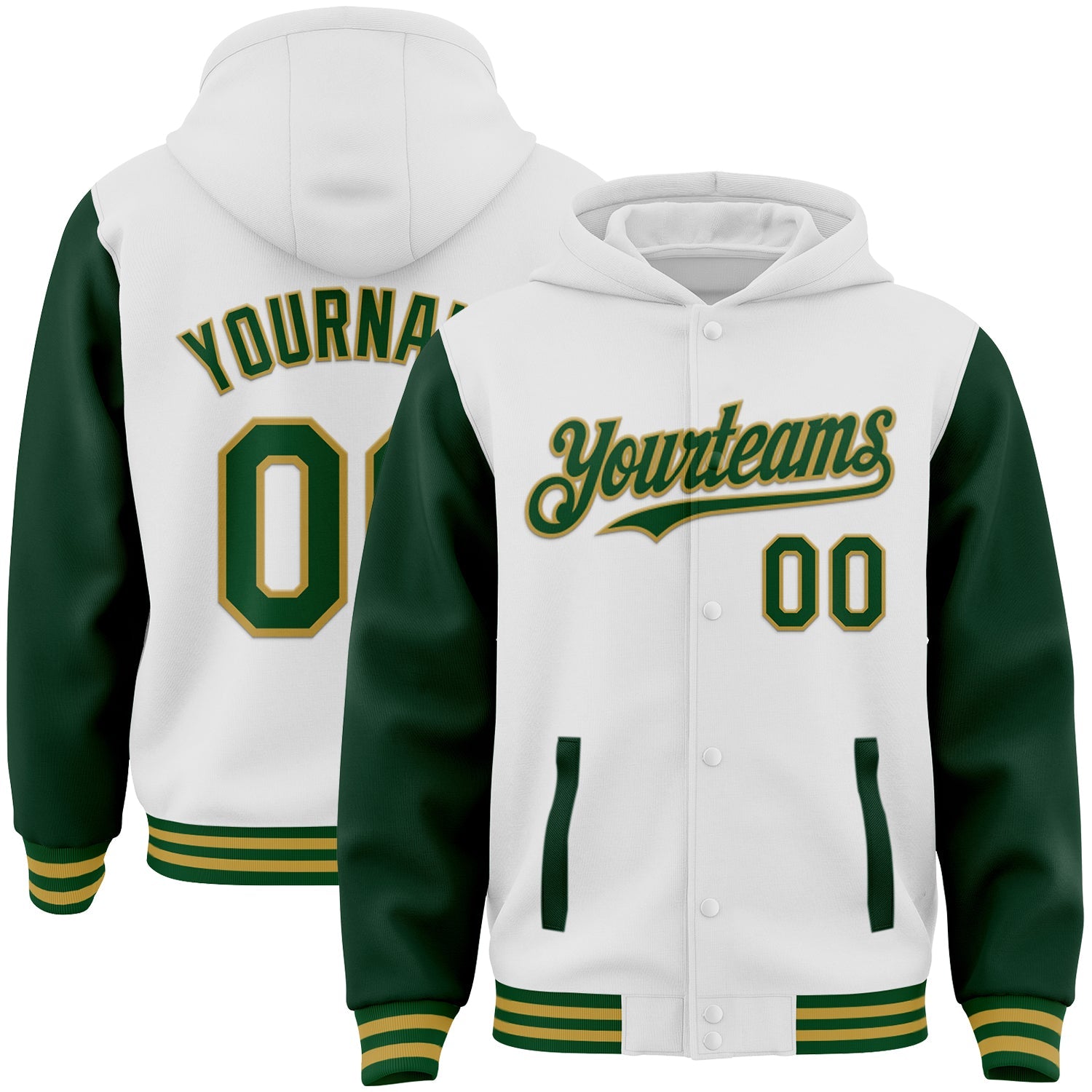 Custom White Green-Old Gold Bomber Full-Snap Varsity Letterman Two Tone Hoodie Jacket - Main View