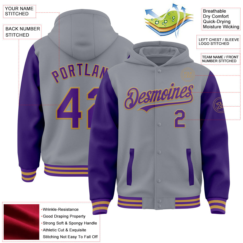 Custom Gray Purple-Old Gold Bomber Full-Snap Varsity Letterman Two Tone Hoodie Jacket view 4