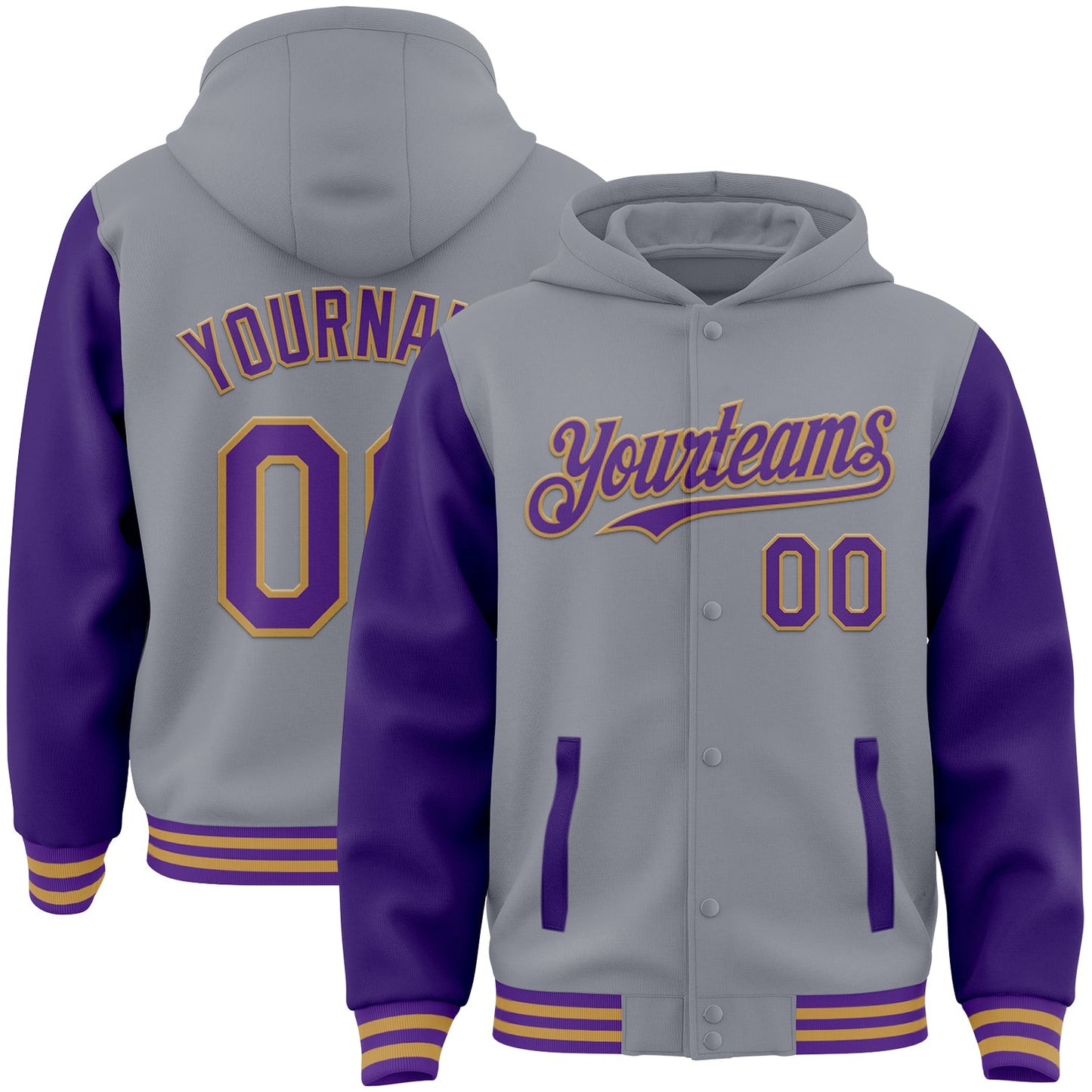 Custom Gray Purple-Old Gold Bomber Full-Snap Varsity Letterman Two Tone Hoodie Jacket - Main View