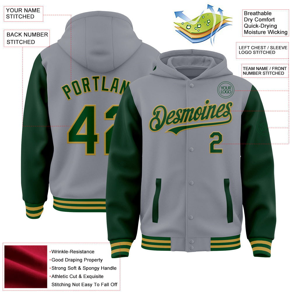 Custom Gray Green-Old Gold Bomber Full-Snap Varsity Letterman Two Tone Hoodie Jacket view 4
