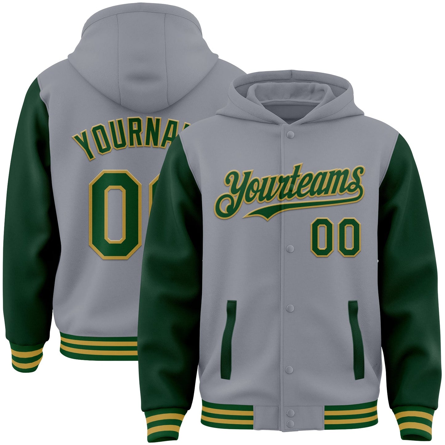 Custom Gray Green-Old Gold Bomber Full-Snap Varsity Letterman Two Tone Hoodie Jacket - Main View