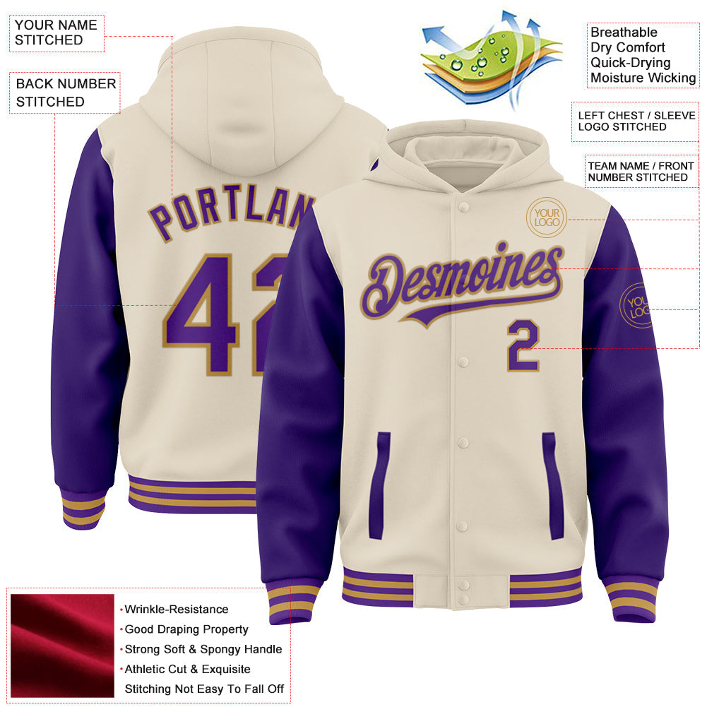 Custom Cream Purple-Old Gold Bomber Full-Snap Varsity Letterman Two Tone Hoodie Jacket view 4