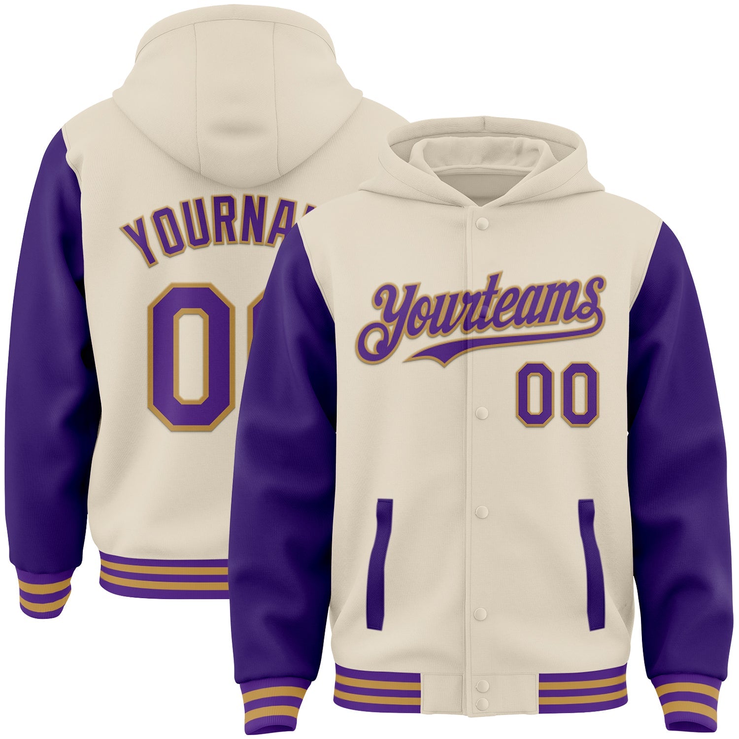 Custom Cream Purple-Old Gold Bomber Full-Snap Varsity Letterman Two Tone Hoodie Jacket - Main View