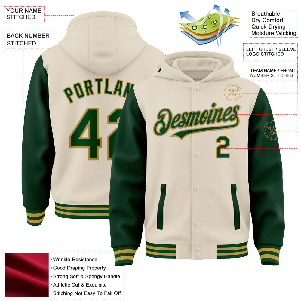 Custom Cream Green-Old Gold Bomber Full-Snap Varsity Letterman Two Tone Hoodie Jacket view 4