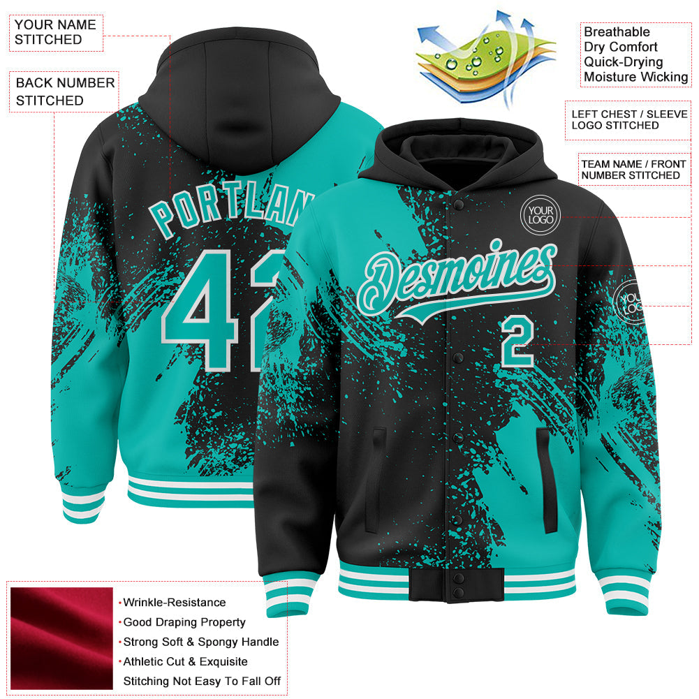 Custom Black Aqua-White Abstract Brush Stroke 3D Pattern Design Bomber Full-Snap Varsity Letterman Hoodie Jacket view 4
