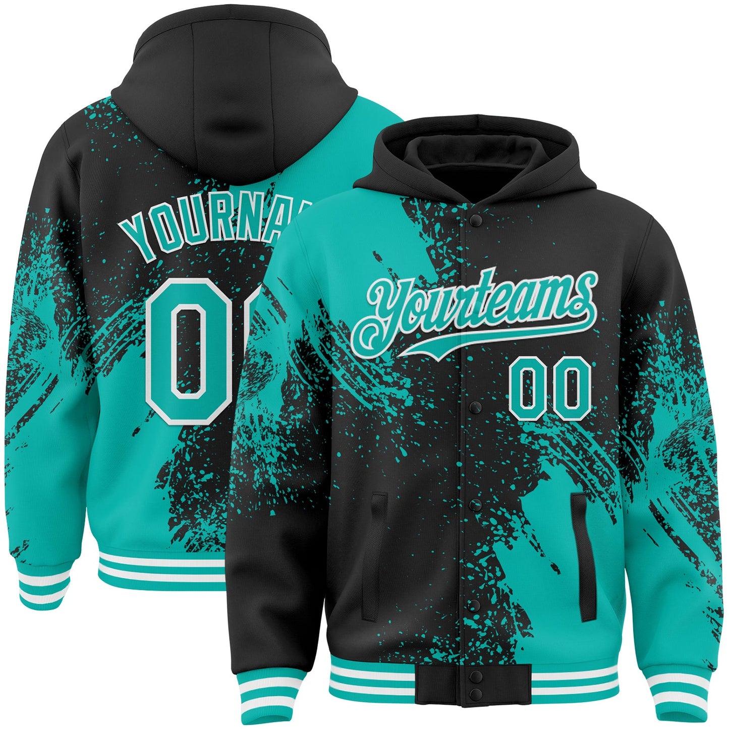 Custom Black Aqua-White Abstract Brush Stroke 3D Pattern Design Bomber Full-Snap Varsity Letterman Hoodie Jacket - Main View