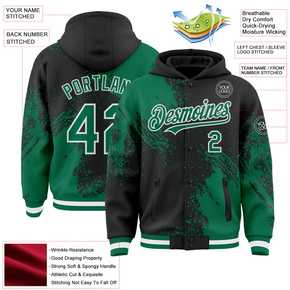 Custom Black Kelly Green-White Abstract Brush Stroke 3D Pattern Design Bomber Full-Snap Varsity Letterman Hoodie Jacket view 4