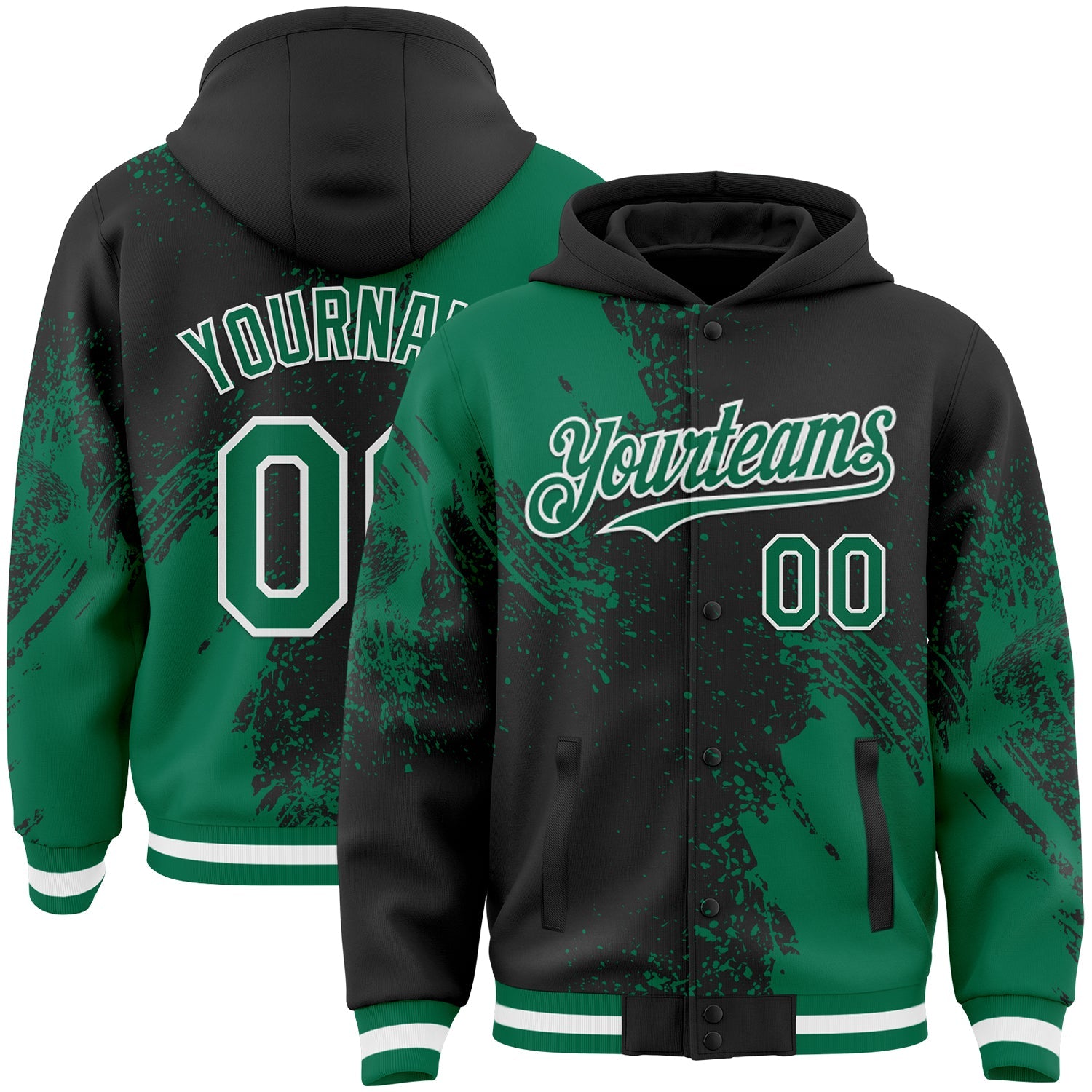 Custom Black Kelly Green-White Abstract Brush Stroke 3D Pattern Design Bomber Full-Snap Varsity Letterman Hoodie Jacket - Main View