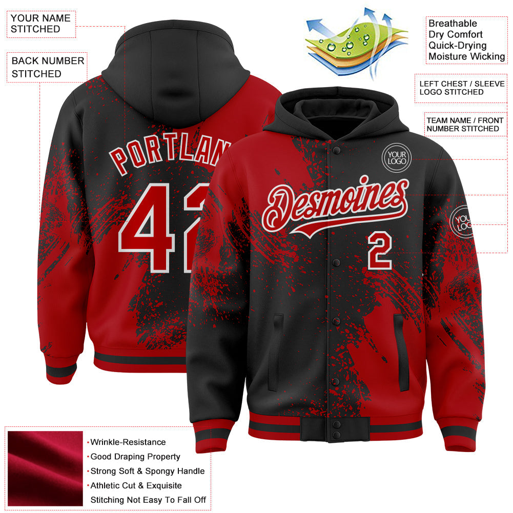 Custom Black Red-White Abstract Brush Stroke 3D Pattern Design Bomber Full-Snap Varsity Letterman Hoodie Jacket view 4