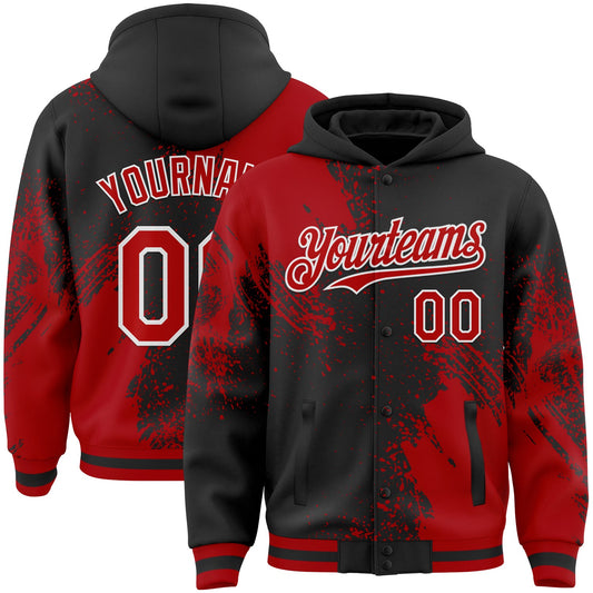 Custom Black Red-White Abstract Brush Stroke 3D Pattern Design Bomber Full-Snap Varsity Letterman Hoodie Jacket - Main View