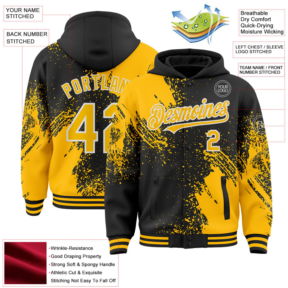 Custom Black Gold-White Abstract Brush Stroke 3D Pattern Design Bomber Full-Snap Varsity Letterman Hoodie Jacket view 4
