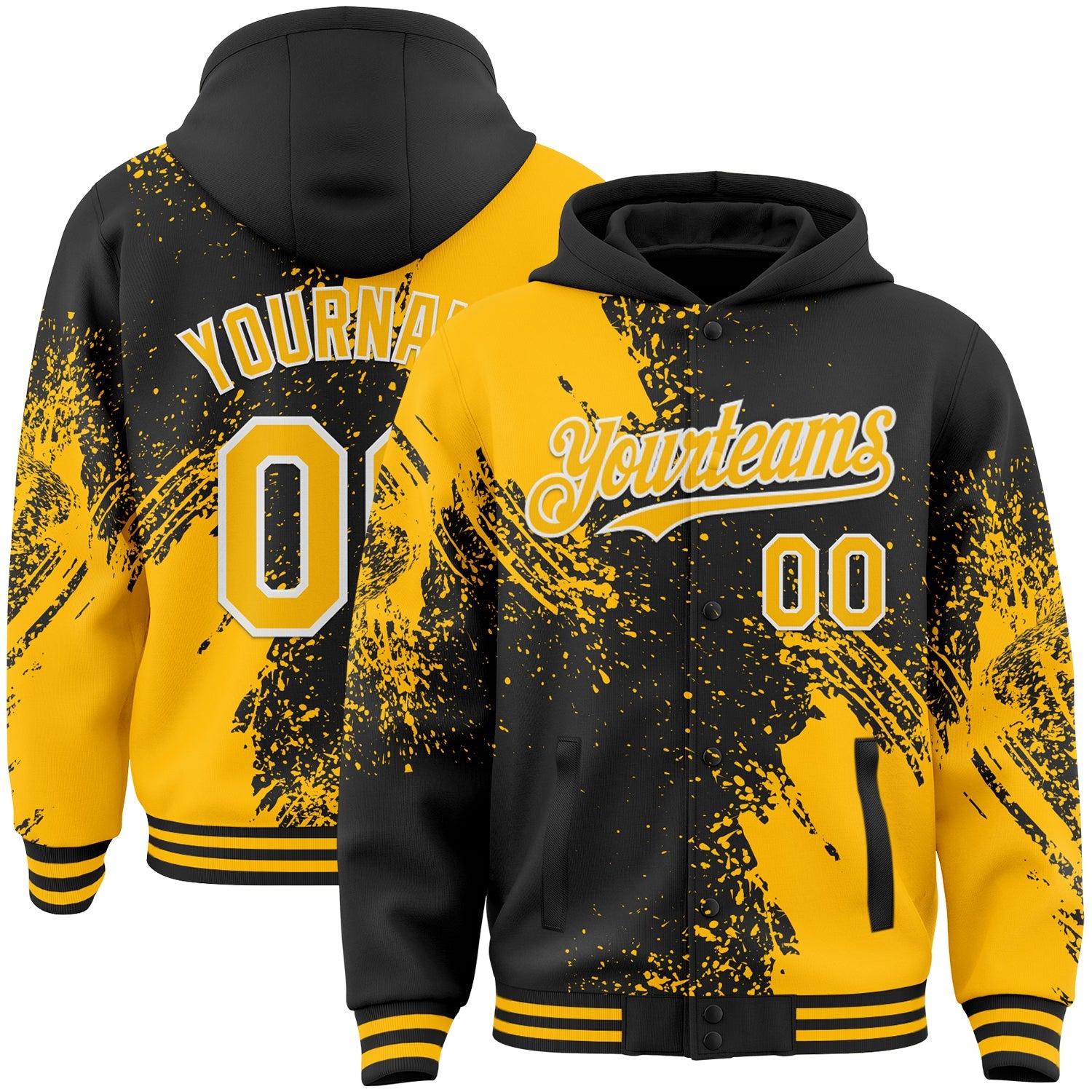 Custom Black Gold-White Abstract Brush Stroke 3D Pattern Design Bomber Full-Snap Varsity Letterman Hoodie Jacket - Main View
