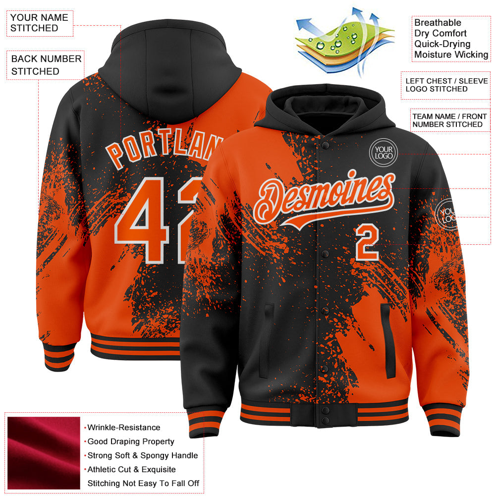 Custom Black Orange-White Abstract Brush Stroke 3D Pattern Design Bomber Full-Snap Varsity Letterman Hoodie Jacket view 4