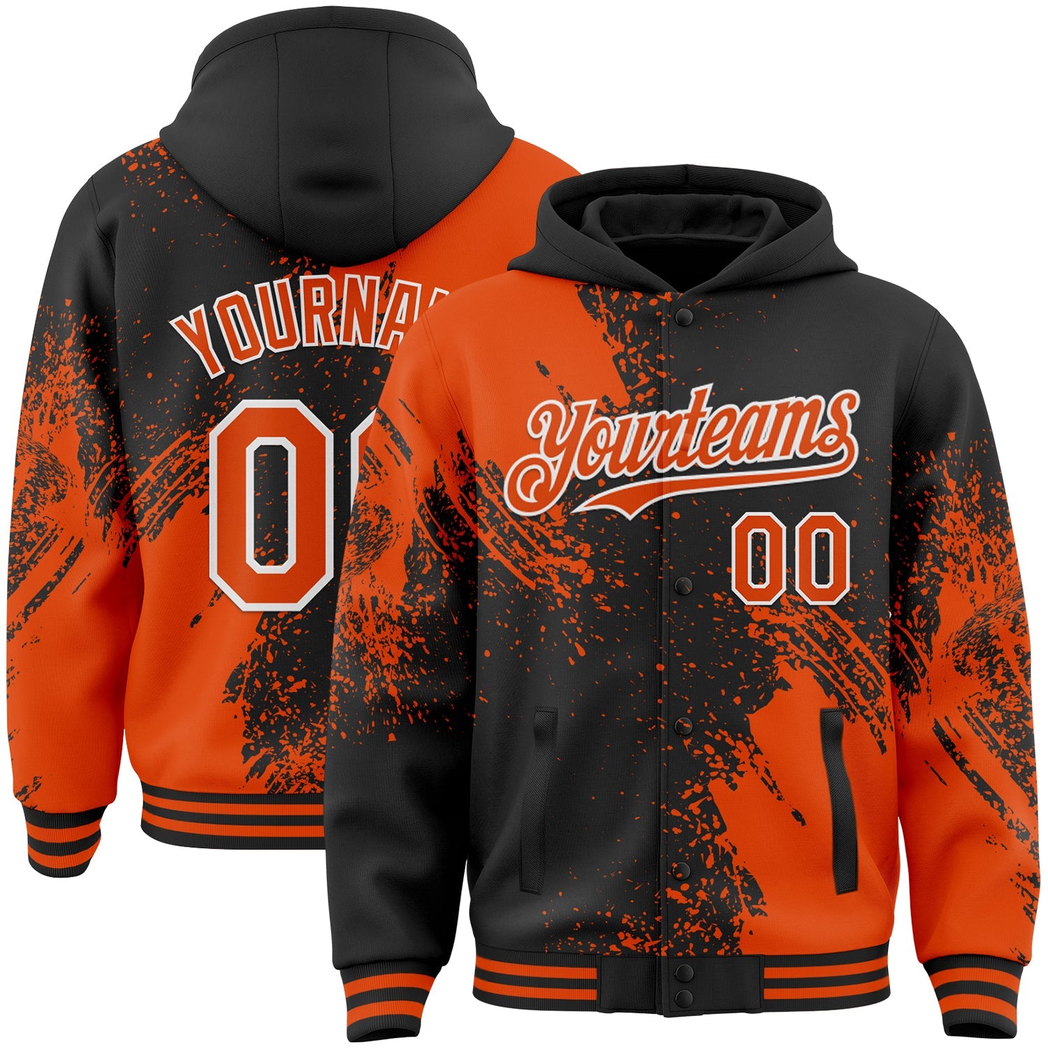 Custom Black Orange-White Abstract Brush Stroke 3D Pattern Design Bomber Full-Snap Varsity Letterman Hoodie Jacket - Main View