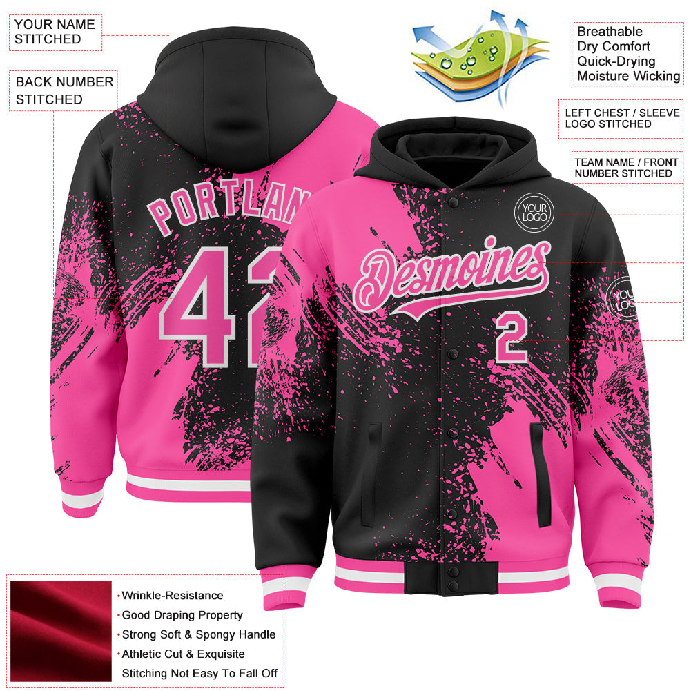 Custom Black Pink-White Abstract Brush Stroke 3D Pattern Design Bomber Full-Snap Varsity Letterman Hoodie Jacket view 4