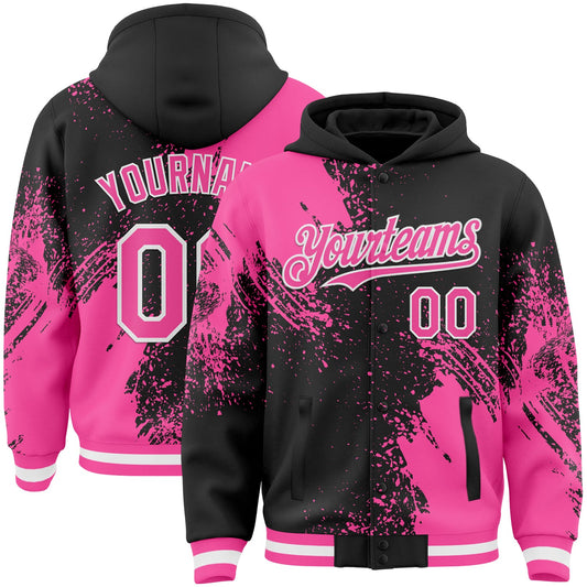 Custom Black Pink-White Abstract Brush Stroke 3D Pattern Design Bomber Full-Snap Varsity Letterman Hoodie Jacket - Main View