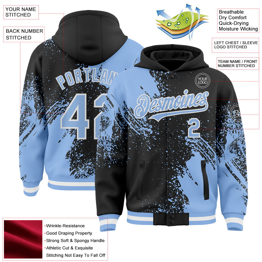 Custom Black Light Blue-White Abstract Brush Stroke 3D Pattern Design Bomber Full-Snap Varsity Letterman Hoodie Jacket view 4