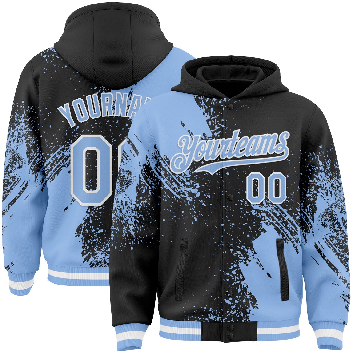 Custom Black Light Blue-White Abstract Brush Stroke 3D Pattern Design Bomber Full-Snap Varsity Letterman Hoodie Jacket - Main View