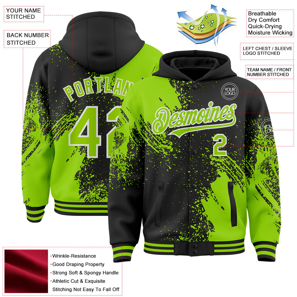 Custom Black Neon Green-White Abstract Brush Stroke 3D Pattern Design Bomber Full-Snap Varsity Letterman Hoodie Jacket view 4