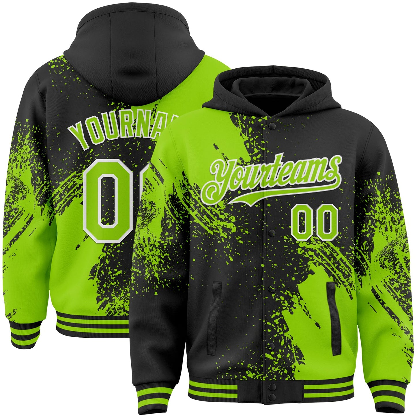 Custom Black Neon Green-White Abstract Brush Stroke 3D Pattern Design Bomber Full-Snap Varsity Letterman Hoodie Jacket - Main View