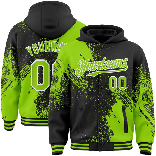 Custom Black Neon Green-White Abstract Brush Stroke 3D Pattern Design Bomber Full-Snap Varsity Letterman Hoodie Jacket - Main View