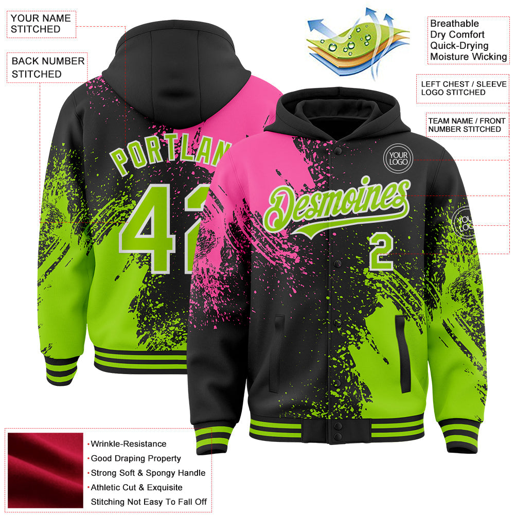 Custom Black Neon Green Pink-White Abstract Brush Stroke 3D Pattern Design Bomber Full-Snap Varsity Letterman Hoodie Jacket view 4