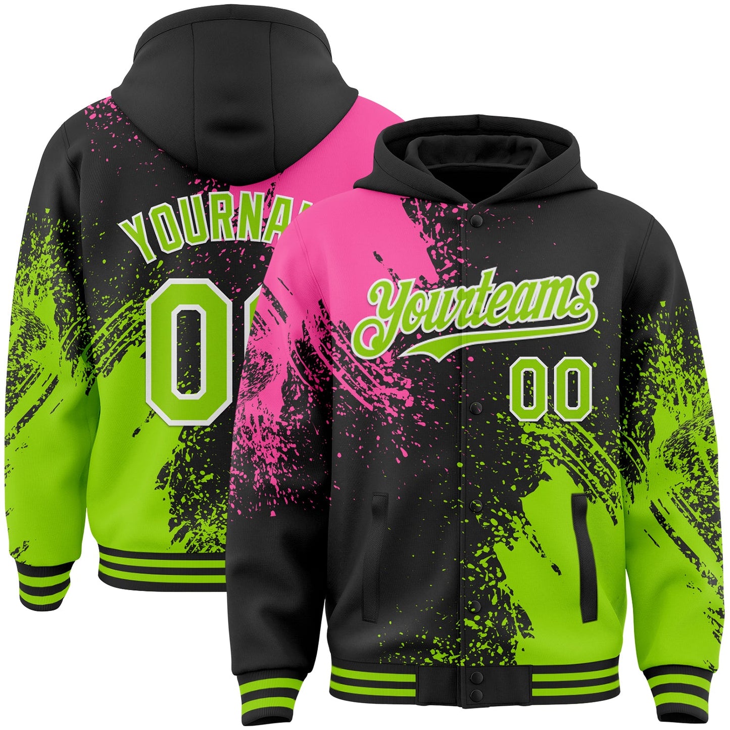 Custom Black Neon Green Pink-White Abstract Brush Stroke 3D Pattern Design Bomber Full-Snap Varsity Letterman Hoodie Jacket - Main View
