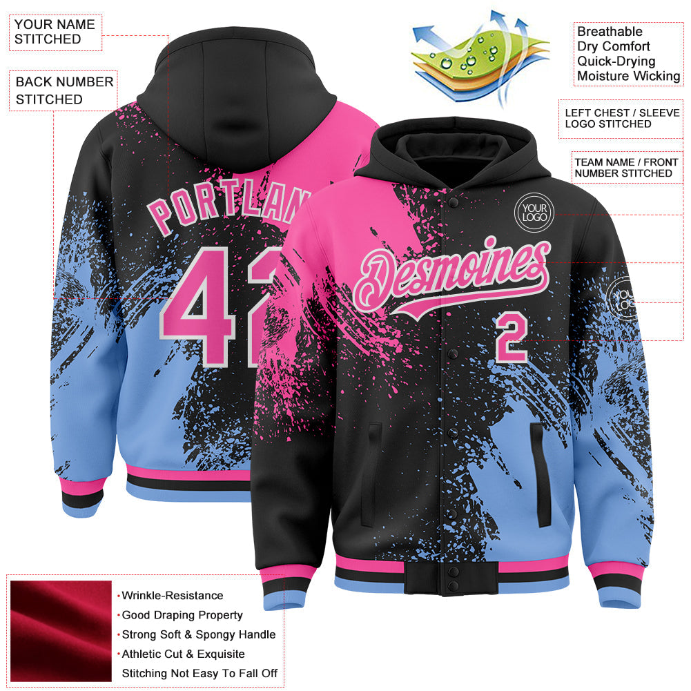 Custom Black Pink Light Blue-White Abstract Brush Stroke 3D Pattern Design Bomber Full-Snap Varsity Letterman Hoodie Jacket view 4