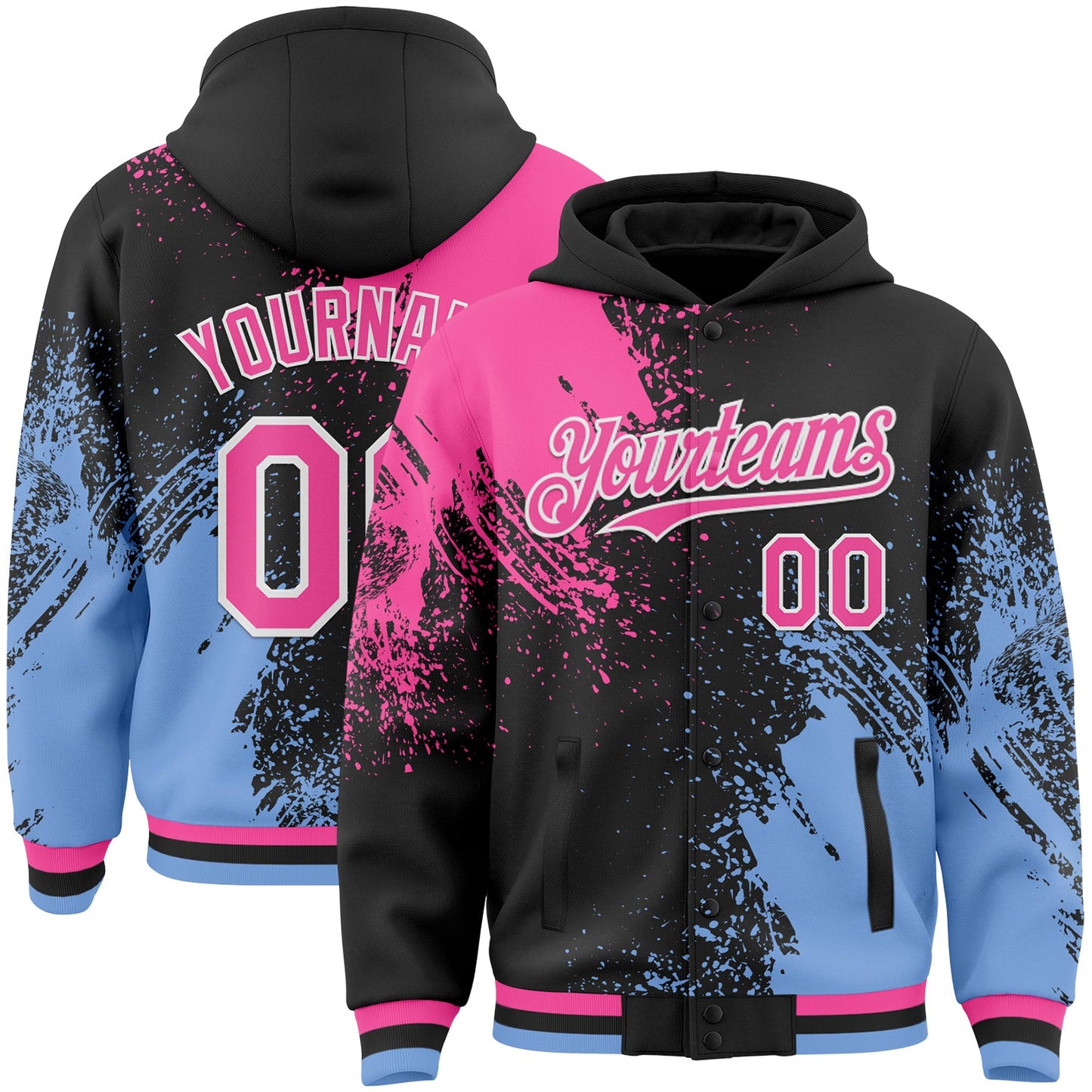Custom Black Pink Light Blue-White Abstract Brush Stroke 3D Pattern Design Bomber Full-Snap Varsity Letterman Hoodie Jacket - Main View