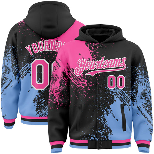 Custom Black Pink Light Blue-White Abstract Brush Stroke 3D Pattern Design Bomber Full-Snap Varsity Letterman Hoodie Jacket - Main View