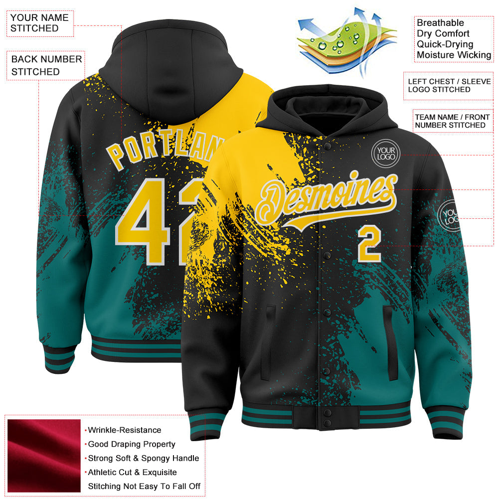 Custom Black Yellow Teal-White Abstract Brush Stroke 3D Pattern Design Bomber Full-Snap Varsity Letterman Hoodie Jacket view 4