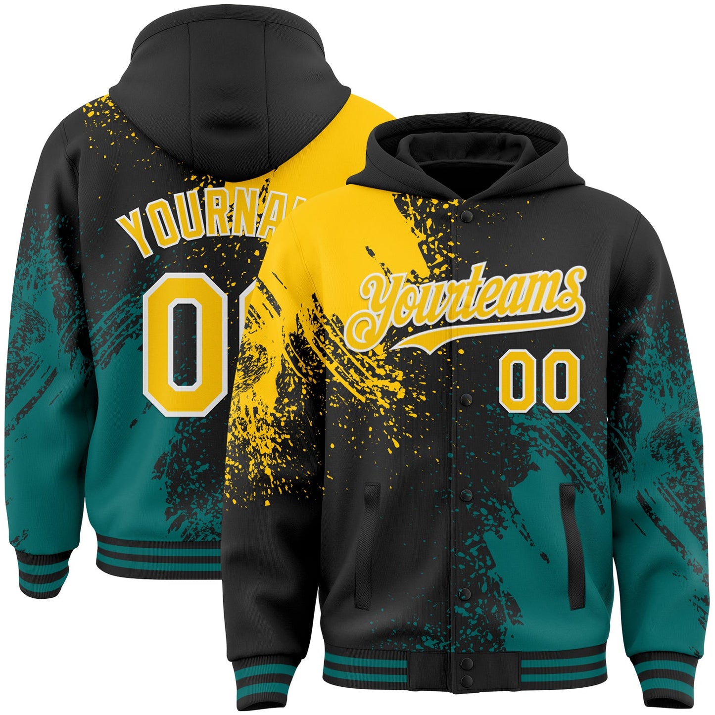 Custom Black Yellow Teal-White Abstract Brush Stroke 3D Pattern Design Bomber Full-Snap Varsity Letterman Hoodie Jacket - Main View
