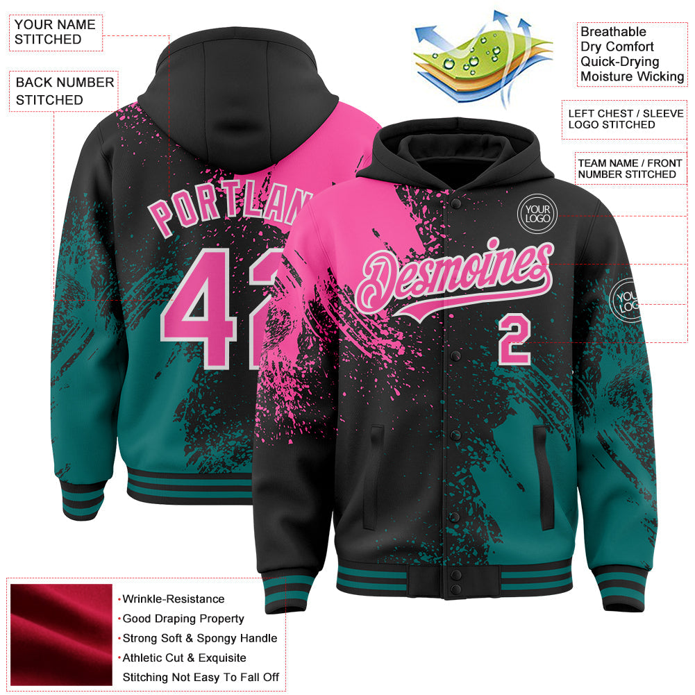 Custom Black Pink Teal-White Abstract Brush Stroke 3D Pattern Design Bomber Full-Snap Varsity Letterman Hoodie Jacket view 4