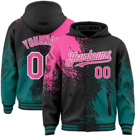 Custom Black Pink Teal-White Abstract Brush Stroke 3D Pattern Design Bomber Full-Snap Varsity Letterman Hoodie Jacket - Main View