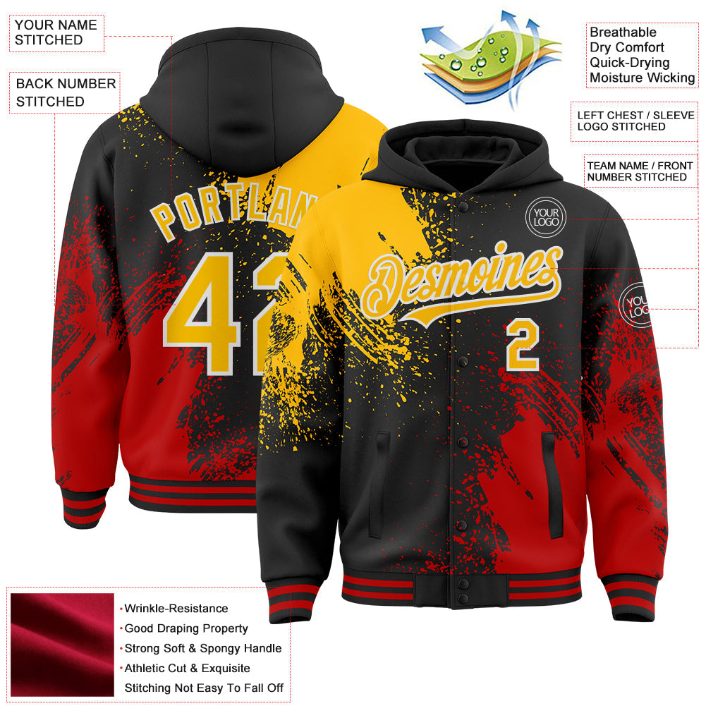 Custom Black Gold Red-White Abstract Brush Stroke 3D Pattern Design Bomber Full-Snap Varsity Letterman Hoodie Jacket view 4