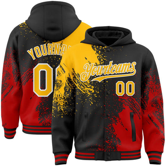 Custom Black Gold Red-White Abstract Brush Stroke 3D Pattern Design Bomber Full-Snap Varsity Letterman Hoodie Jacket - Main View