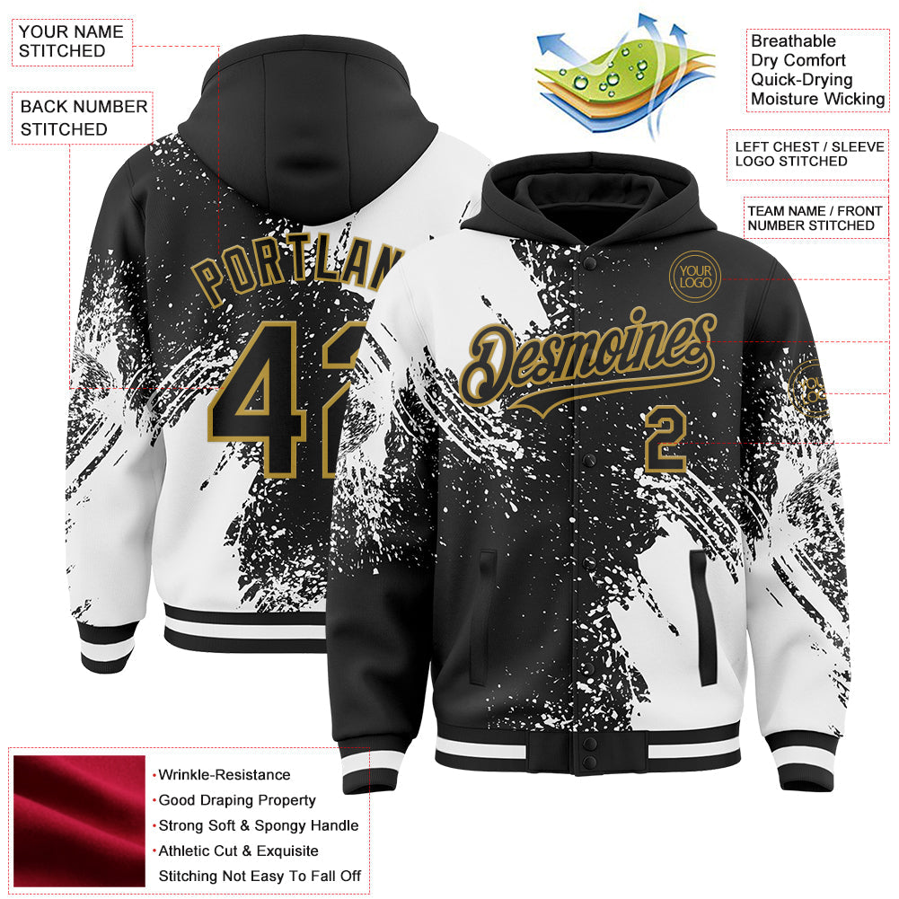 Custom Black White-Old Gold Abstract Brush Stroke 3D Pattern Design Bomber Full-Snap Varsity Letterman Hoodie Jacket view 4
