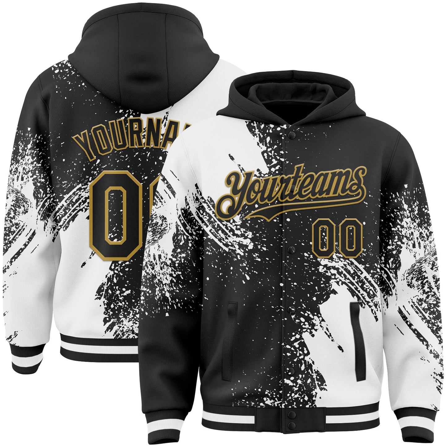 Custom Black White-Old Gold Abstract Brush Stroke 3D Pattern Design Bomber Full-Snap Varsity Letterman Hoodie Jacket - Main View