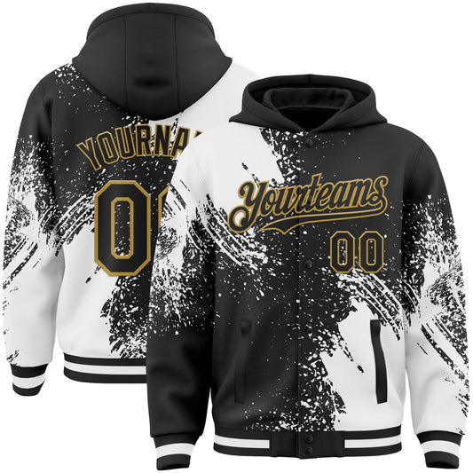 Custom Black White-Old Gold Abstract Brush Stroke 3D Pattern Design Bomber Full-Snap Varsity Letterman Hoodie Jacket - Main View
