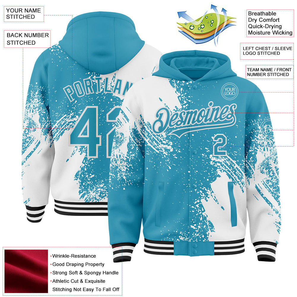 Custom Panther Blue White-Black Abstract Brush Stroke 3D Pattern Design Bomber Full-Snap Varsity Letterman Hoodie Jacket view 4