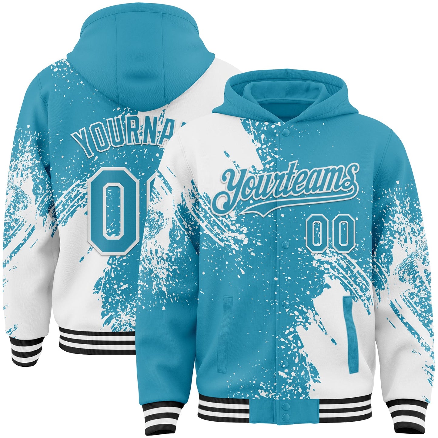 Custom Panther Blue White-Black Abstract Brush Stroke 3D Pattern Design Bomber Full-Snap Varsity Letterman Hoodie Jacket - Main View