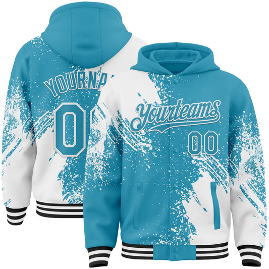 Custom Panther Blue White-Black Abstract Brush Stroke 3D Pattern Design Bomber Full-Snap Varsity Letterman Hoodie Jacket - Main View